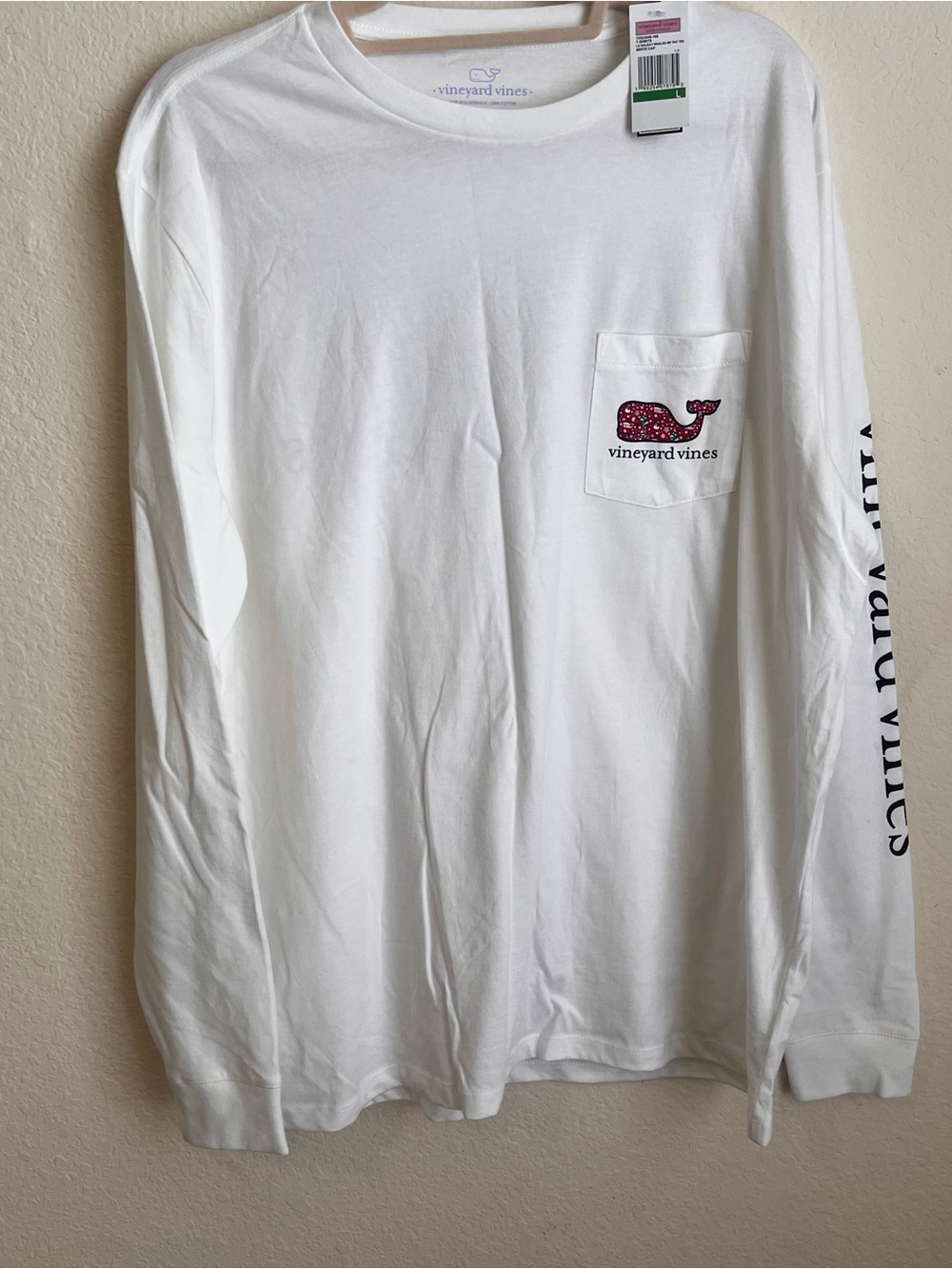 Vineyard Vines White Long-Sleeve Pocket Tee with Pink Whale